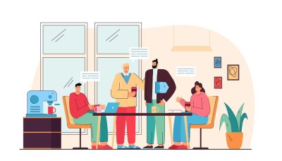 Illustration of people gathered in an in-house agency kitchen area conferring