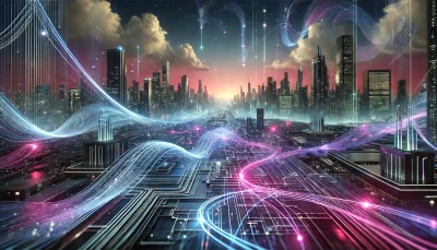 A futuristic scene with a city and information highway
